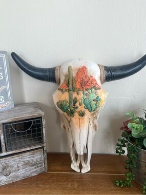 New Boho Rustic Aztec Cactus Cow Skull